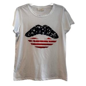 Bobbie Brooks Red White Blue US Flag lips Patriotic Tee Shirt Top XL 4th of July